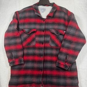 Lucky Brand Shirt Jacket Womens Size Large Red Black Plaid Sherpa Lined Western